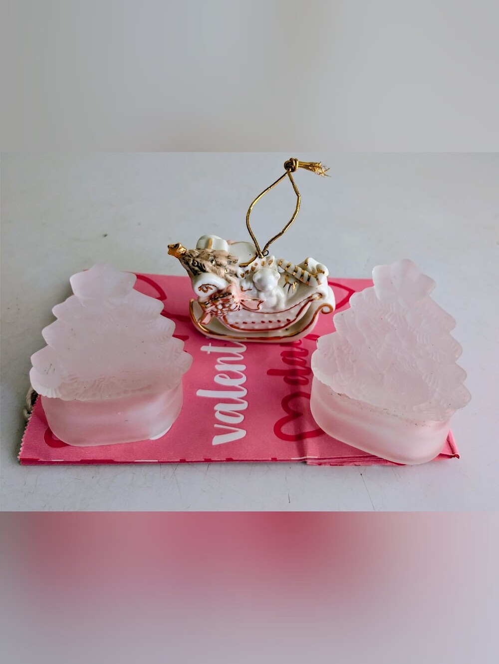 2 Crystal Clean Frosted Christmas Tree Candle Holders- 1 Sleigh Filled Ornament